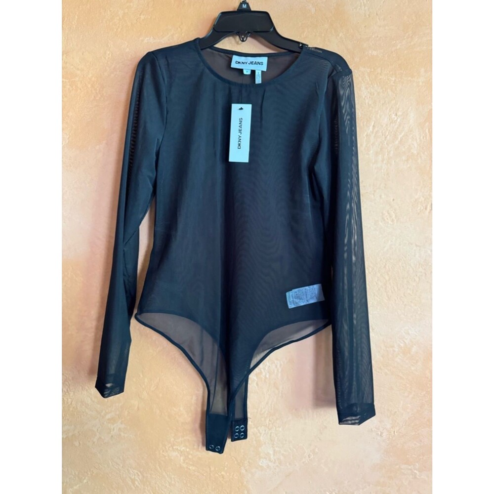 DKNY Jeans Sheer Mesh Bodysuit Long Sleeve Fitted Minimal Size M